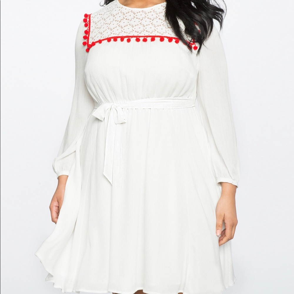 Fit and Flare Dress with Lace and Pom Detail